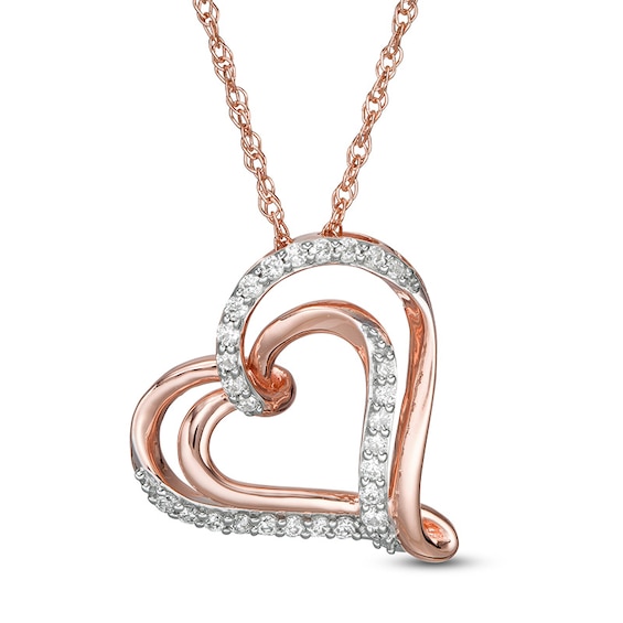 Previously Owned - 1/4 CT. T.w. Diamond Double Tilted Heart Pendant in 10K Rose Gold