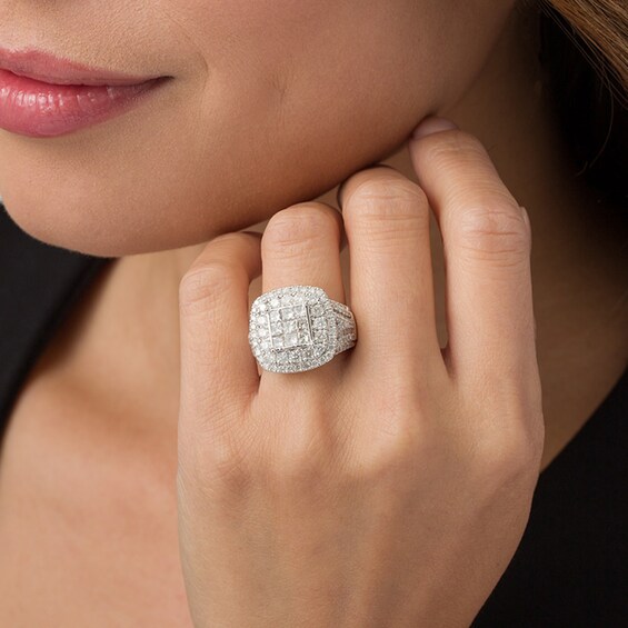 Previously Owned - 3 CT. T.w. Princess-Cut Composite Diamond Frame Multi-Row Engagement Ring in 10K White Gold
