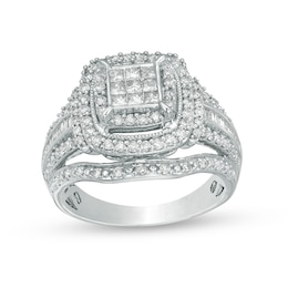 Previously Owned - 1 CT. T.W. Princess Multi-Diamond Frame Multi-Row Vintage-Style Engagement Ring in 10K White Gold