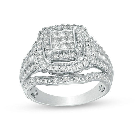 Previously Owned - 1 CT. T.w. Princess Multi-Diamond Frame Multi-Row Vintage-Style Engagement Ring in 10K White Gold
