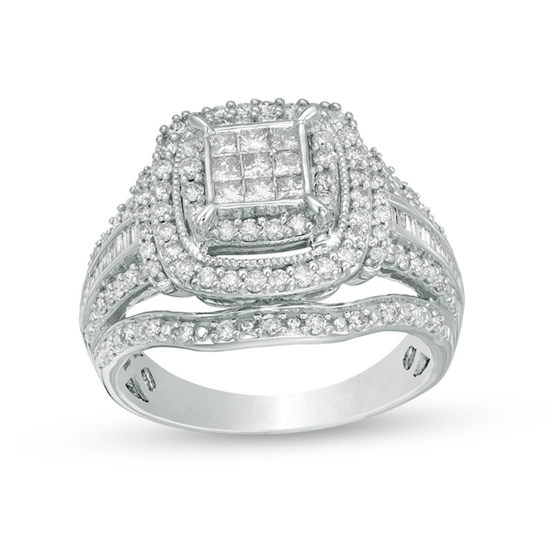 Main Image 1 of Previously Owned - 1 CT. T.W. Princess Multi-Diamond Frame Multi-Row Vintage-Style Engagement Ring in 10K White Gold