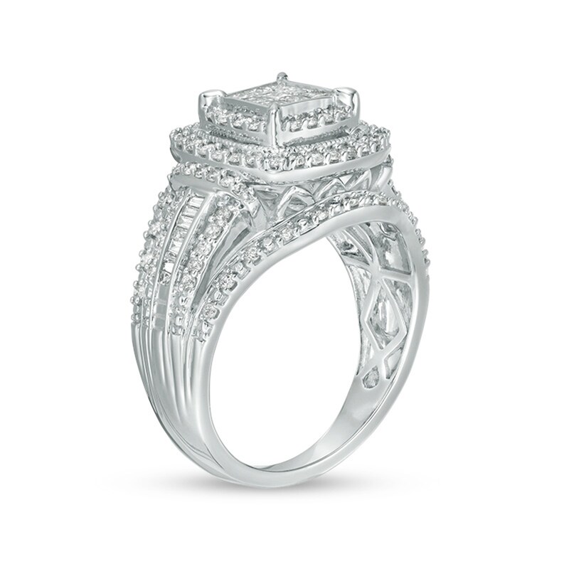 Main Image 2 of Previously Owned - 1 CT. T.W. Princess Multi-Diamond Frame Multi-Row Vintage-Style Engagement Ring in 10K White Gold