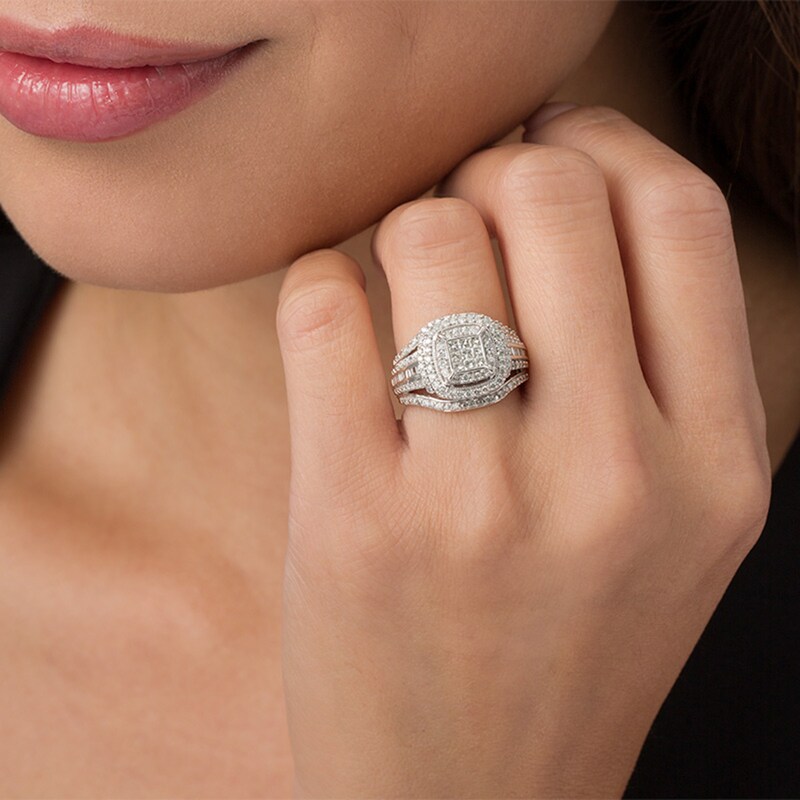 Main Image 3 of Previously Owned - 1 CT. T.W. Princess Multi-Diamond Frame Multi-Row Vintage-Style Engagement Ring in 10K White Gold