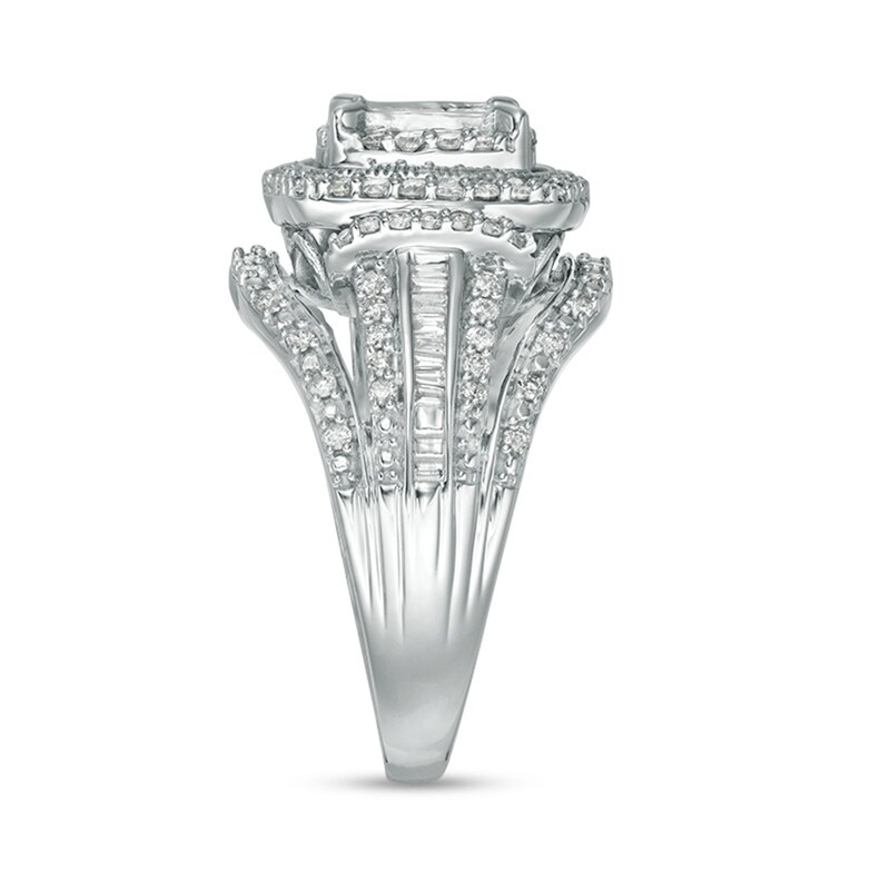 Main Image 4 of Previously Owned - 1 CT. T.W. Princess Multi-Diamond Frame Multi-Row Vintage-Style Engagement Ring in 10K White Gold