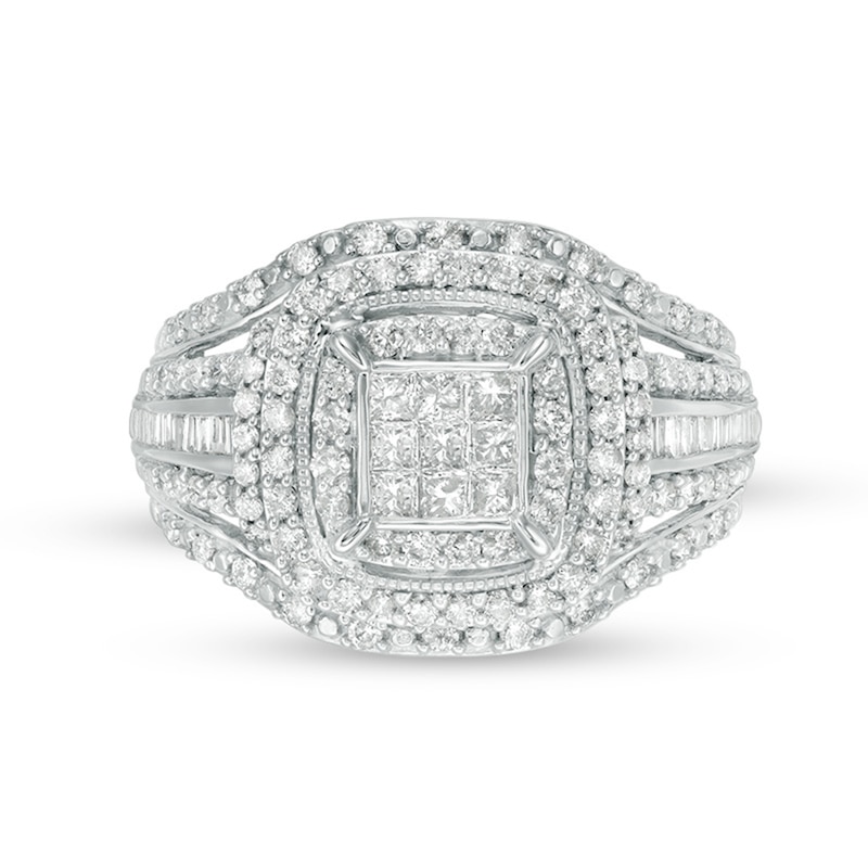 Main Image 6 of Previously Owned - 1 CT. T.W. Princess Multi-Diamond Frame Multi-Row Vintage-Style Engagement Ring in 10K White Gold