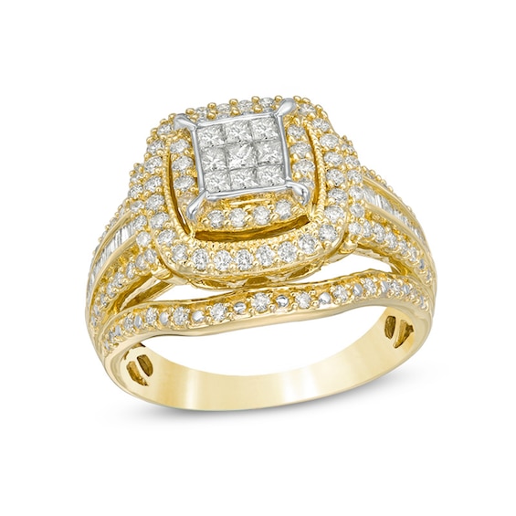 Previously Owned - 1 CT. T.w. Princess Multi-Diamond Double Frame Multi-Row Vintage-Style Engagement Ring in 10K Gold