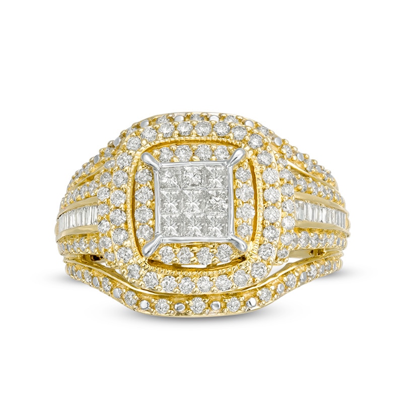 Main Image 6 of Previously Owned - 1 CT. T.W. Princess Multi-Diamond Double Frame Multi-Row Vintage-Style Engagement Ring in 10K Gold