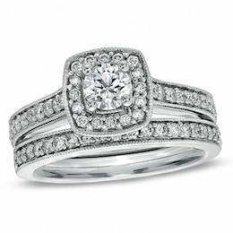 Previously Owned - Celebration Ideal 1 CT. T.W. Diamond Bridal Set in 14K White Gold (J/I1)
