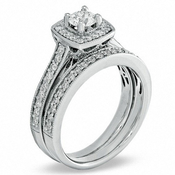 Previously Owned - Celebration Ideal 1 CT. T.w. Diamond Bridal Set in 14K White Gold (J/I1)