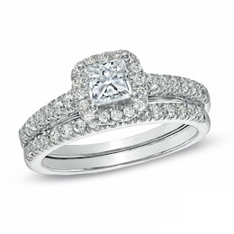 Previously Owned - Celebration 102® 1-1/5 CT. T.W. Princess-Cut Diamond Bridal Set in 18K White Gold (I/SI2)