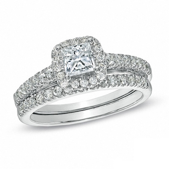 Previously Owned - Celebration 102® 1-1/5 CT. T.w. Princess-Cut Diamond Bridal Set in 18K White Gold (I/Si2)