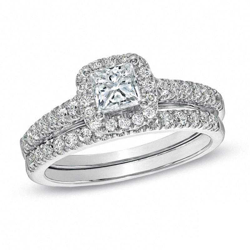 Main Image 1 of Previously Owned - Celebration 102® 1-1/5 CT. T.W. Princess-Cut Diamond Bridal Set in 18K White Gold (I/SI2)