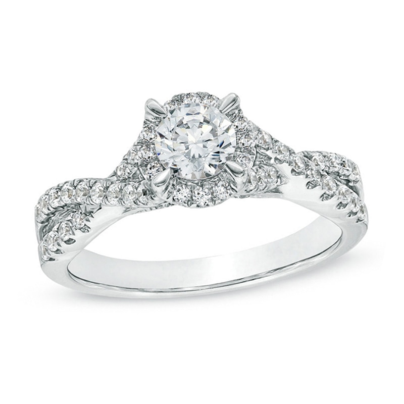 Main Image 1 of Previously Owned - Celebration Lux® 1 CT. T.W. Diamond Frame Twist Shank Engagement Ring in 14K White Gold (I/SI2)