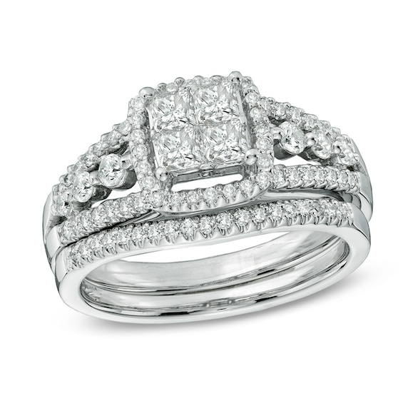 Previously Owned - 1 CT. T.w. Princess-Cut Quad Diamond Frame Bridal Set in 10K White Gold
