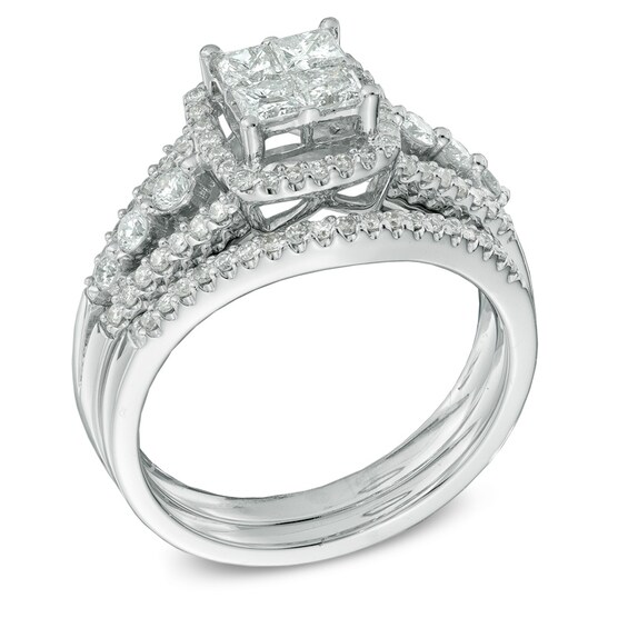 Previously Owned - 1 CT. T.w. Princess-Cut Quad Diamond Frame Bridal Set in 10K White Gold