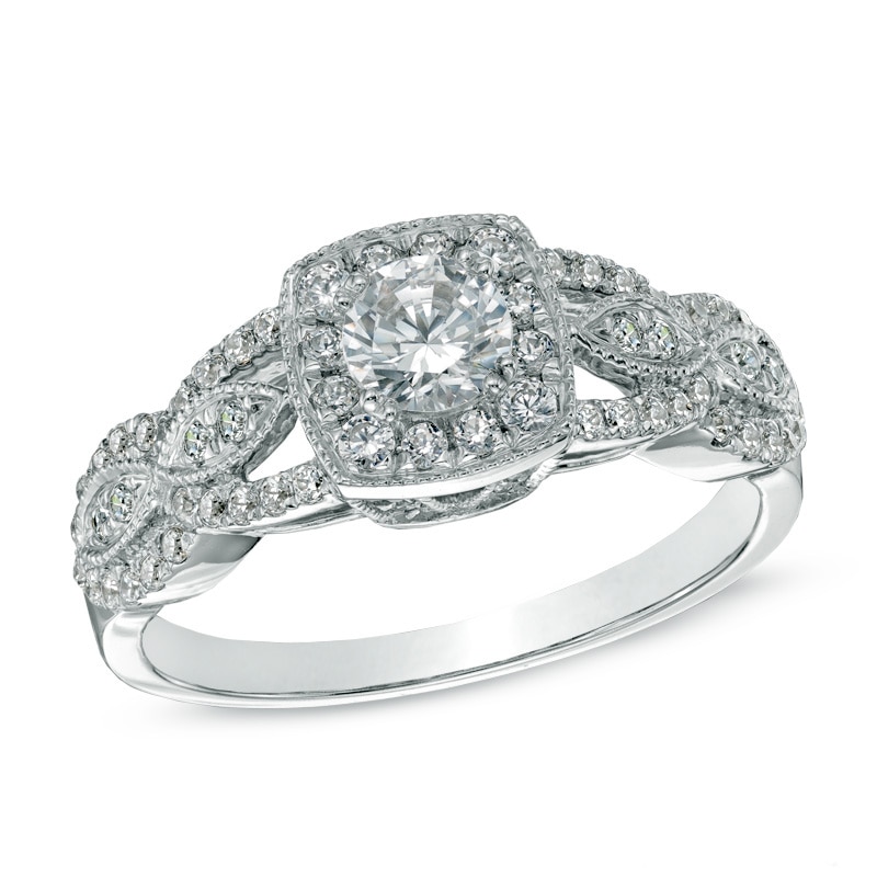 Main Image 1 of Previously Owned - Celebration Ideal 3/4 CT. T.W. Diamond Twist Frame Engagement Ring in 14K White Gold (I/I1)