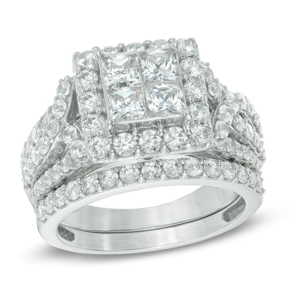 Previously Owned - 2-3/4 CT. T.w. Princess-Cut Quad Diamond Frame Bridal Set in 14K White Gold