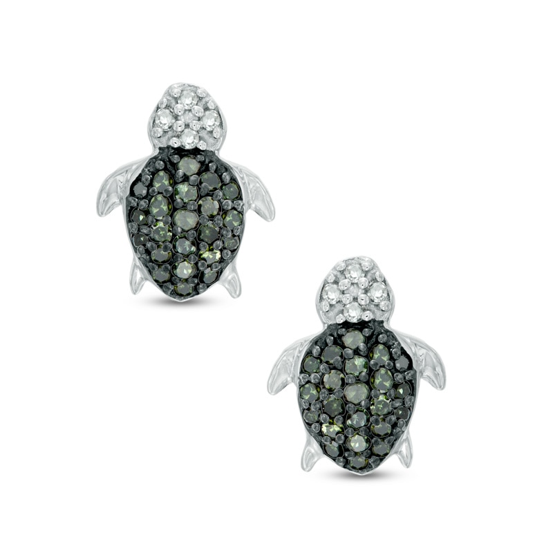 Main Image 1 of Previously Owned - 1/6 CT. T.W.  Green and White Diamond Turtle Stud Earrings in Sterling Silver