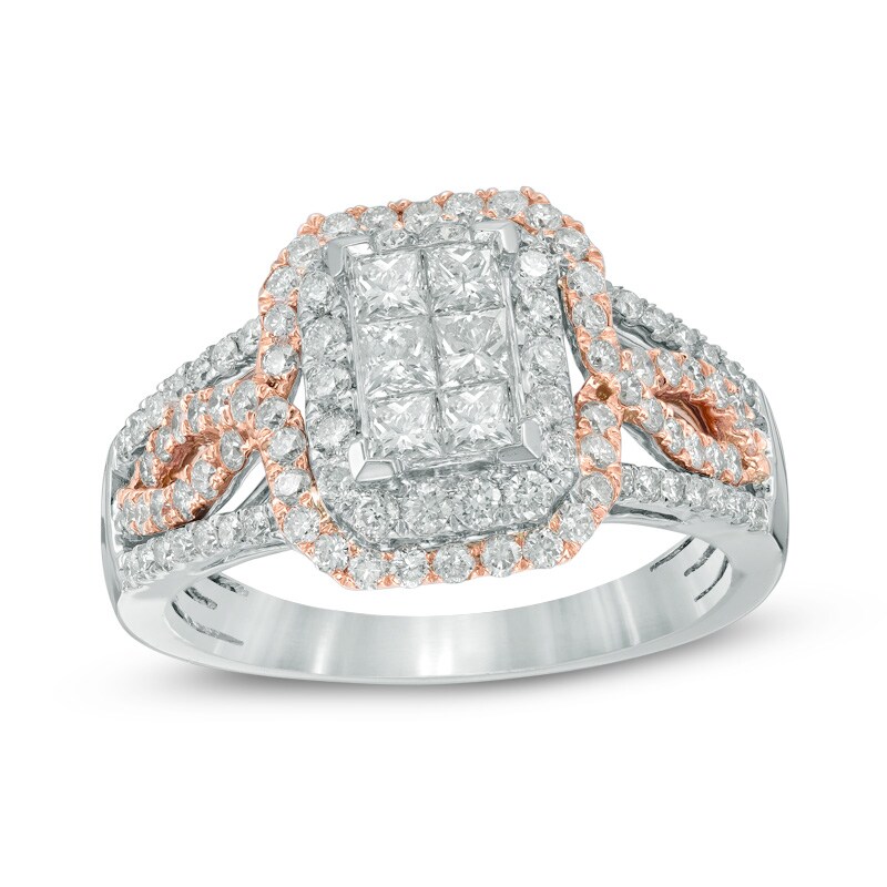 Main Image 1 of Previously Owned - 1-1/4 CT. T.W. Princess-Cut Composite Diamond Frame Engagement Ring in 10K Two-Tone Gold