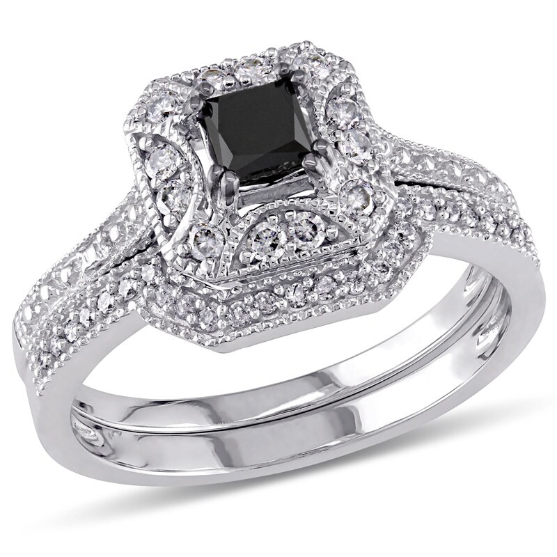 Main Image 1 of Previously Owned - 5/8 CT. T.W. Enhanced Black and White Princess-Cut Diamond Octagonal Bridal Set in 10K White Gold