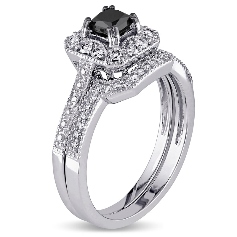 Main Image 2 of Previously Owned - 5/8 CT. T.W. Enhanced Black and White Princess-Cut Diamond Octagonal Bridal Set in 10K White Gold