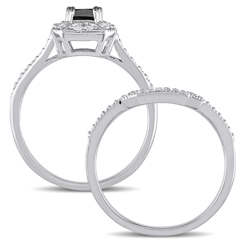 Main Image 3 of Previously Owned - 5/8 CT. T.W. Enhanced Black and White Princess-Cut Diamond Octagonal Bridal Set in 10K White Gold