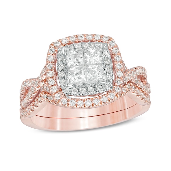 Previously Owned - 1 CT. T.w. Quad Princess-Cut Diamond Double Frame Twist Bridal Set in 14K Two-Tone Gold