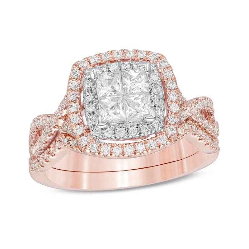 Main Image 1 of Previously Owned - 1 CT. T.W. Quad Princess-Cut Diamond Double Frame Twist Bridal Set in 14K Two-Tone Gold