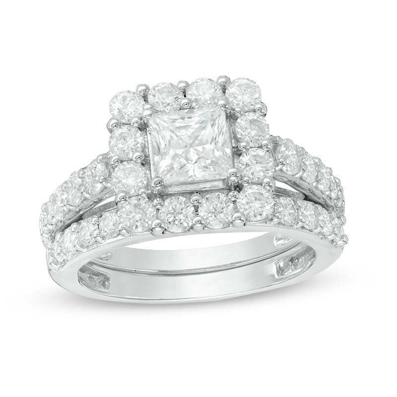 Main Image 1 of Previously Owned - Celebration Ideal 2-3/4 CT. T.W. Princess-Cut Diamond Bridal Set in 14K White Gold (I/I1)