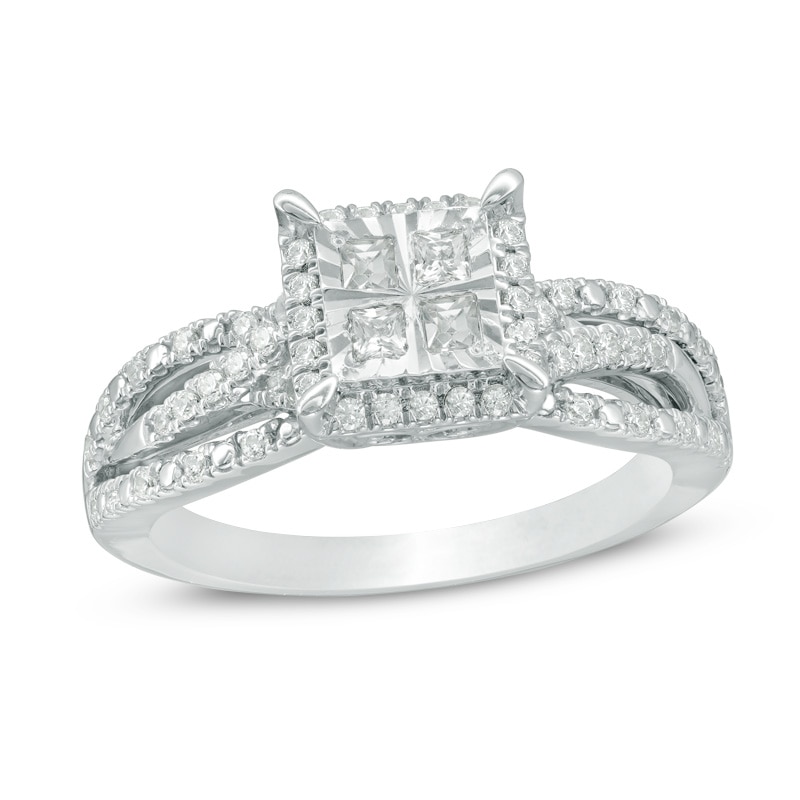 Main Image 1 of Previously Owned - 1/2 CT. T.W. Quad Princess-Cut Diamond Frame Engagement Ring in 10K White Gold