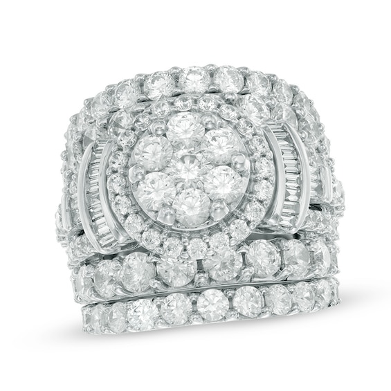 Previously Owned - 6 CT. T.w. Composite Diamond Frame Collared Three Piece Bridal Set in 14K White Gold