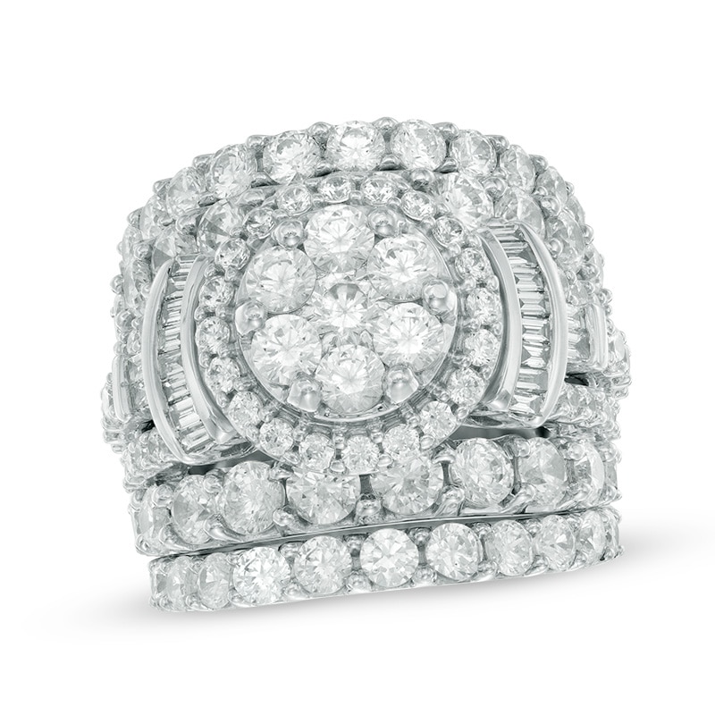 Main Image 1 of Previously Owned - 6 CT. T.W. Composite Diamond Frame Collared Three Piece Bridal Set in 14K White Gold