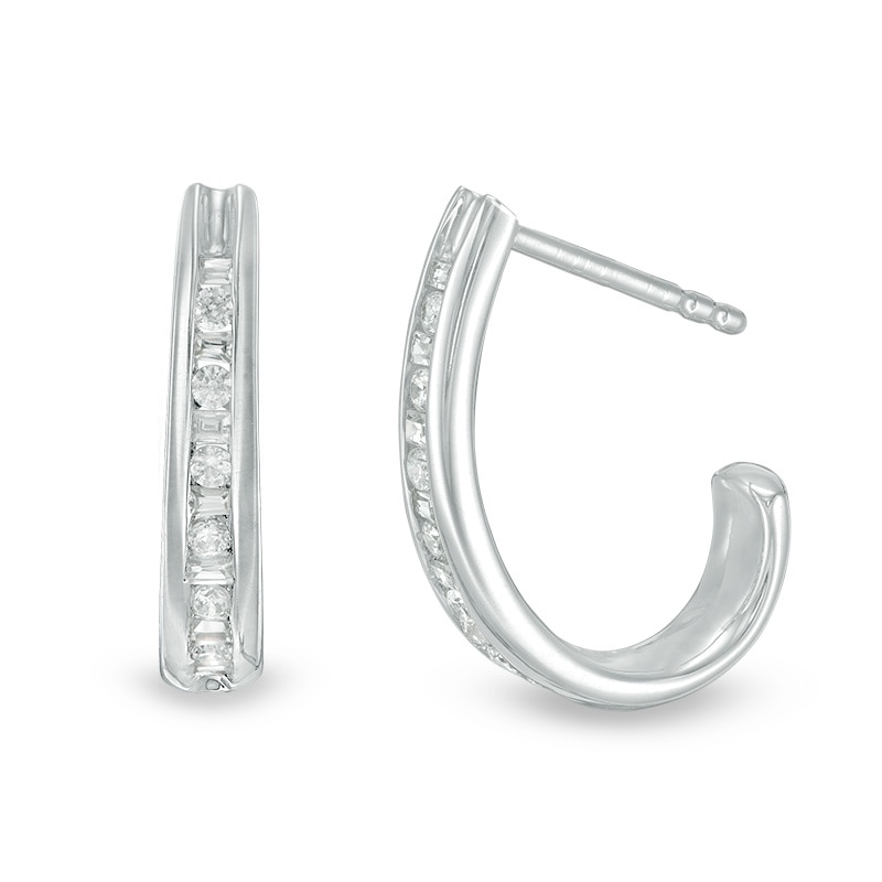 Main Image 1 of Previously Owned - 1/4 CT. T.W. Baguette and Round Diamond J-Hoop Earrings in 14K White Gold