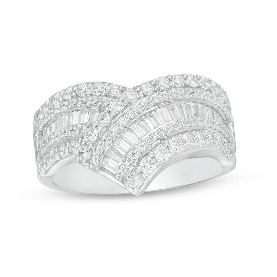 Previously Owned - 1 CT. T.w. Baguette and Round Diamond Chevron Ring in 10K White Gold