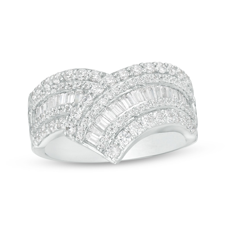 Main Image 1 of Previously Owned - 1 CT. T.W. Baguette and Round Diamond Chevron Ring in 10K White Gold