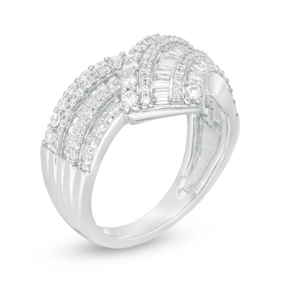 Previously Owned - 1 CT. T.w. Baguette and Round Diamond Chevron Ring in 10K White Gold
