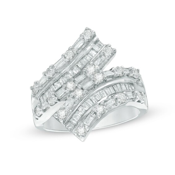 Previously Owned - 1 CT. T.w. Baguette and Round Diamond Bypass Ring in 10K White Gold