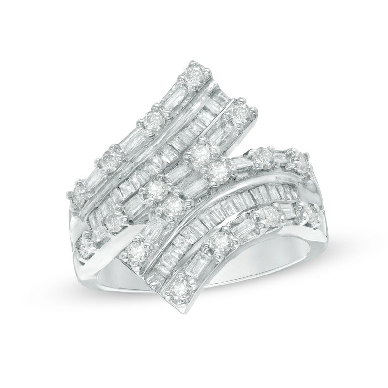 Previously Owned - 1 CT. T.W. Baguette and Round Diamond Bypass Ring in 10K White Gold