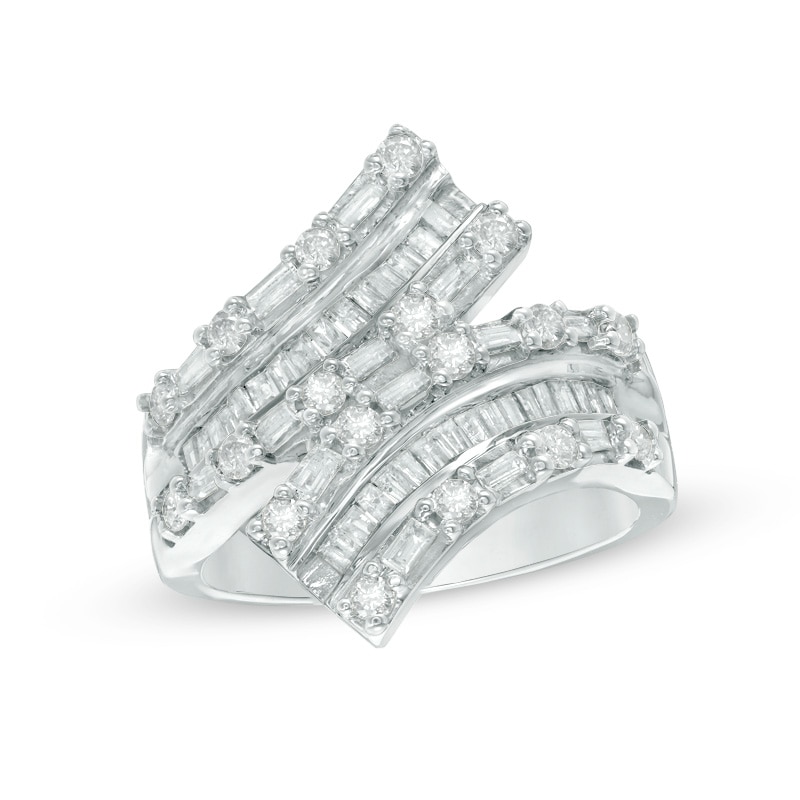 Main Image 1 of Previously Owned - 1 CT. T.W. Baguette and Round Diamond Bypass Ring in 10K White Gold