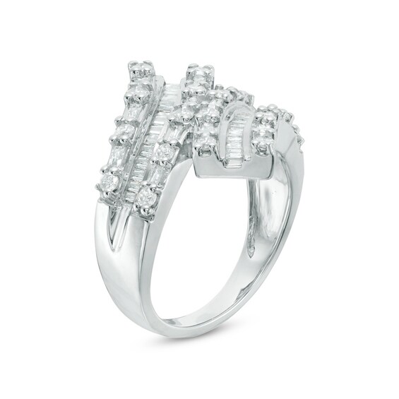 Previously Owned - 1 CT. T.w. Baguette and Round Diamond Bypass Ring in 10K White Gold