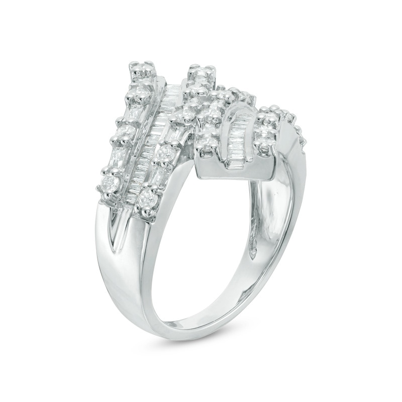Previously Owned - 1 CT. T.W. Baguette and Round Diamond Bypass Ring in 10K White Gold