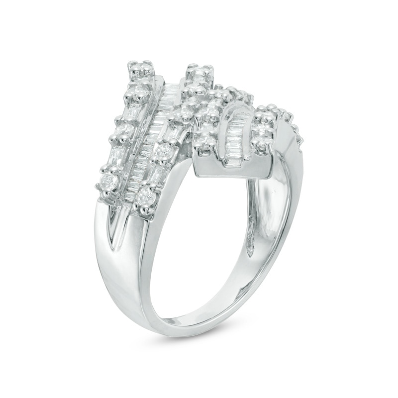 Main Image 2 of Previously Owned - 1 CT. T.W. Baguette and Round Diamond Bypass Ring in 10K White Gold