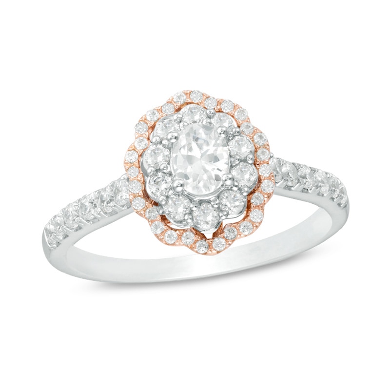 Main Image 1 of Previously Owned - 3/4 CT. T.W. Oval Diamond Double Scallop Frame Engagement Ring in 14K Two-Tone Gold