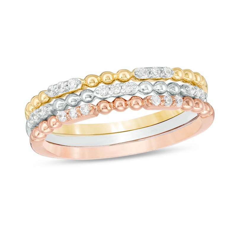 Main Image 1 of Previously Owned - 1/6 CT. T.W. Diamond and Beaded Three Piece Stackable Band Set in 10K Tri-Tone Gold