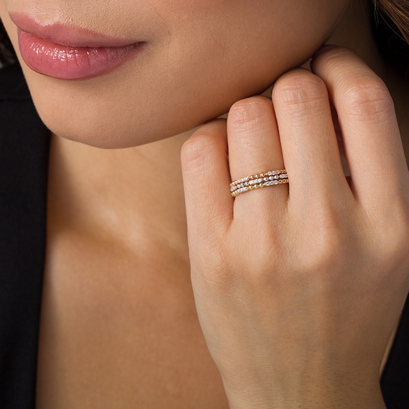 Main Image 2 of Previously Owned - 1/6 CT. T.W. Diamond and Beaded Three Piece Stackable Band Set in 10K Tri-Tone Gold