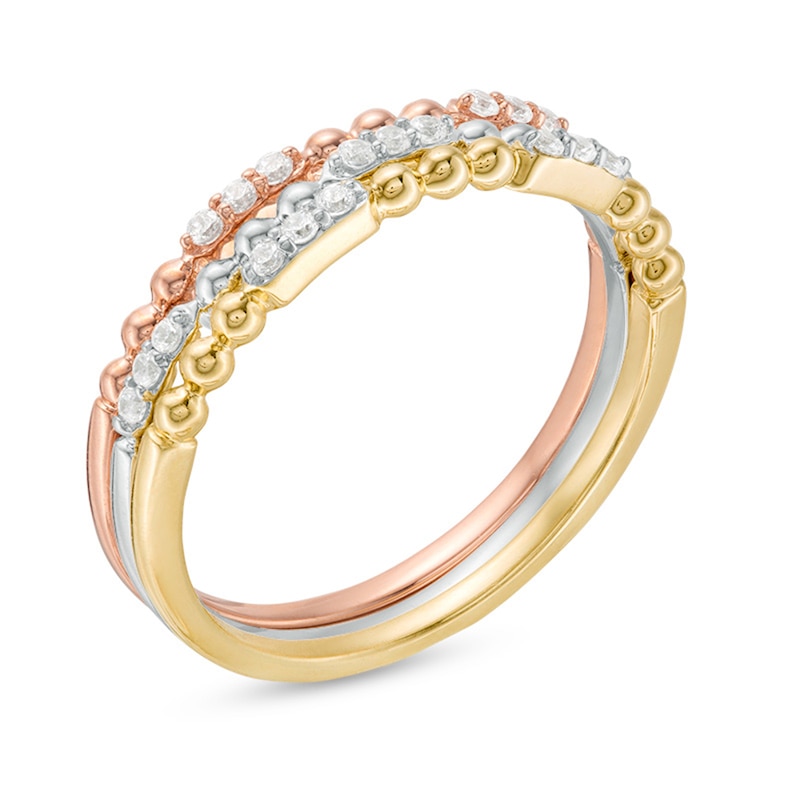 Main Image 3 of Previously Owned - 1/6 CT. T.W. Diamond and Beaded Three Piece Stackable Band Set in 10K Tri-Tone Gold