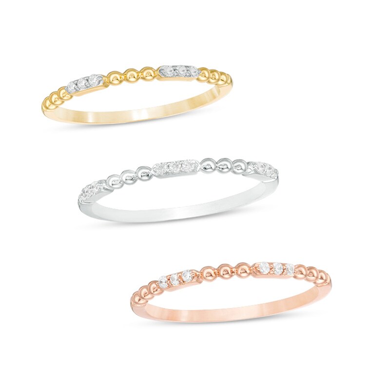 Main Image 4 of Previously Owned - 1/6 CT. T.W. Diamond and Beaded Three Piece Stackable Band Set in 10K Tri-Tone Gold