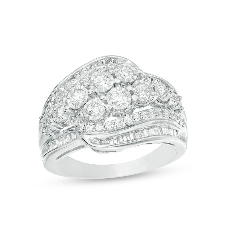 Main Image 1 of Previously Owned - 1 CT. T.W. Baguette and Round Diamond Multi-Row Bypass Ring in Sterling Silver