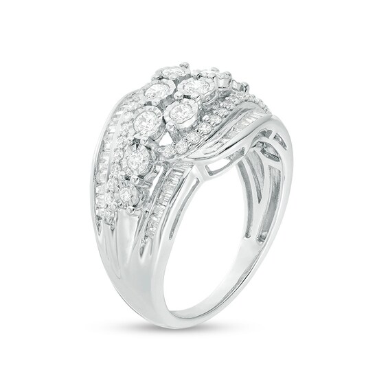 Previously Owned - 1 CT. T.w. Baguette and Round Diamond Multi-Row Bypass Ring in Sterling Silver