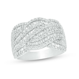 Previously Owned - 1 CT. T.W. Baguette and Round Diamond Multi-Row Wave Anniversary Ring in 10K White Gold